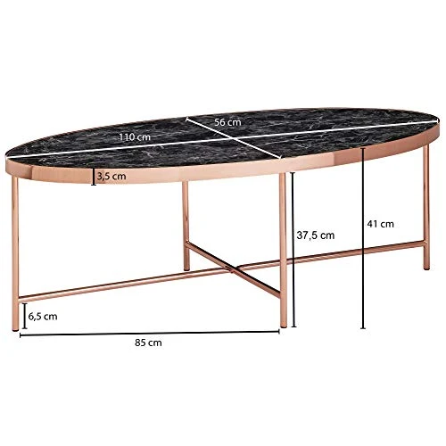 FineBuy Table Basse Ovale 110 x 40 x 56 cm Apparence De Marbre Noir | Table d'appoint Conception Moderne | Table De Sofa Structure Métallique Cuivre | Table De Salon Grand Verre De Sécurité Acier