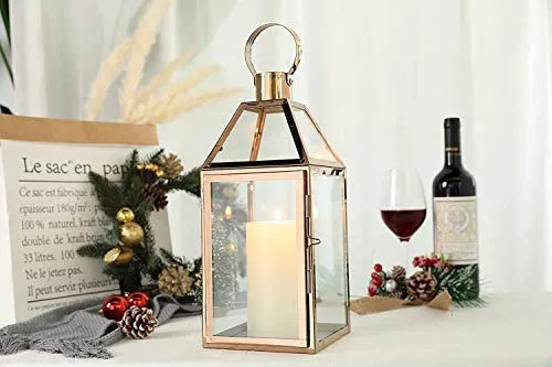 JHY DESIGN Lanternes décoratives en Or Rose 34 cm de Hauteur Lanternes à Bougie en Acier Inoxydable avec Verre trempé.pour intérieur extérieur, événements, fêtes et Mariages