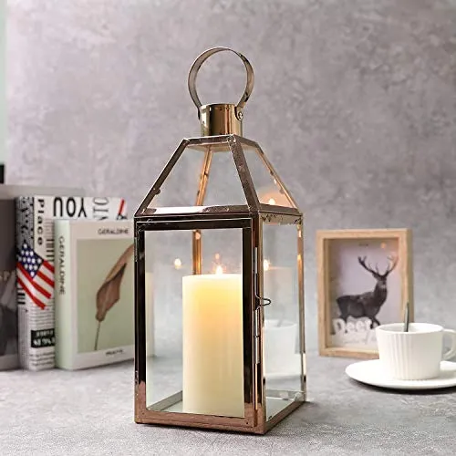 JHY DESIGN Lanternes décoratives en Or Rose 34 cm de Hauteur Lanternes à Bougie en Acier Inoxydable avec Verre trempé.pour intérieur extérieur, événements, fêtes et Mariages
