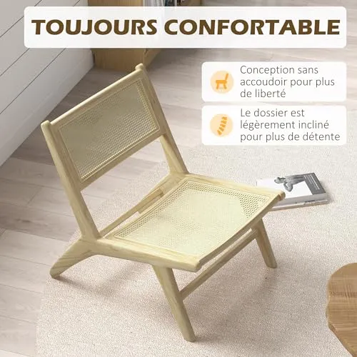HOMCOM Fauteuil de Salon Relax, Fauteuil Lounge, Design bohème, Structure Bois d'hévéa, Dossier Assise cannage, Assise Profonde, Fauteuil Relax pour Salon/Chambre, Naturel
