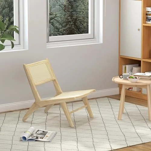 HOMCOM Fauteuil de Salon Relax, Fauteuil Lounge, Design bohème, Structure Bois d'hévéa, Dossier Assise cannage, Assise Profonde, Fauteuil Relax pour Salon/Chambre, Naturel
