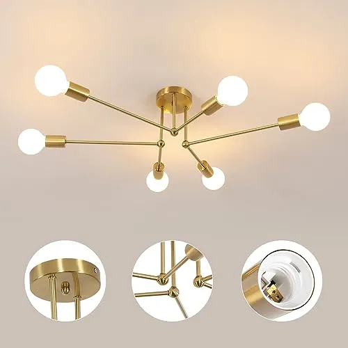 Comely Lustre Sputnik Moderne, 6 Lumières Plafonnier Industriel Vintage, E27 Doré Plafonniers en Fer, Lampe de Plafond pour Salon, Chambre, Salle à manger, Diamètre 70cm (sans Ampoule)