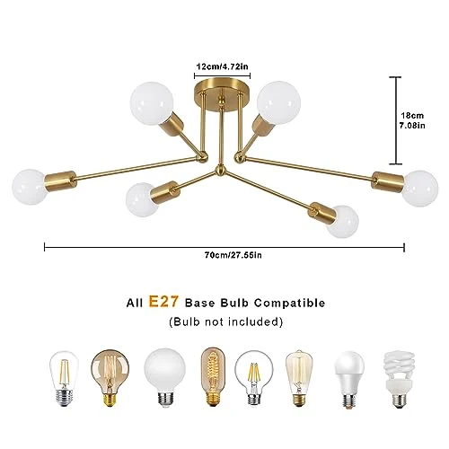 Comely Lustre Sputnik Moderne, 6 Lumières Plafonnier Industriel Vintage, E27 Doré Plafonniers en Fer, Lampe de Plafond pour Salon, Chambre, Salle à manger, Diamètre 70cm (sans Ampoule)