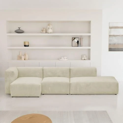 HOMIFAB Canapé d'angle à Gauche modulable avec méridienne 5 Places en Velours côtelé Beige - Modulo