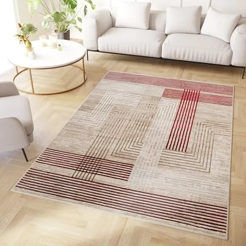 TAPISO Crystal Tapis Poils Courts Moderne Rouge Blanc Beige Motif Lignes Effet 3D Brillant Doux Tapis Salon Chambre Adulte Salle à Manger Oeko-TEX 160 x 220 cm