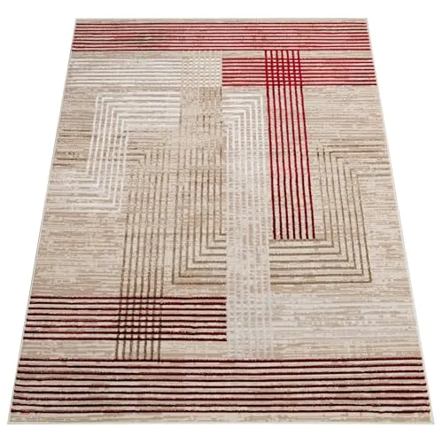 TAPISO Crystal Tapis Poils Courts Moderne Rouge Blanc Beige Motif Lignes Effet 3D Brillant Doux Tapis Salon Chambre Adulte Salle à Manger Oeko-TEX 160 x 220 cm