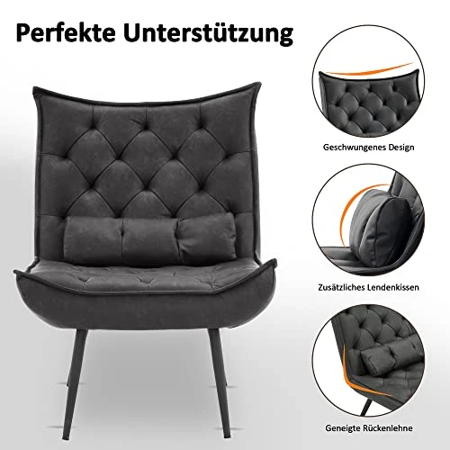 M MCombo Fauteuil de relaxation moderne pour salon, avec coussin de taille, style rétro, vintage, fauteuil de lecture, chaise de salon, fauteuil rembourré, en cuir synthétique, 4778-1 (gris foncé)