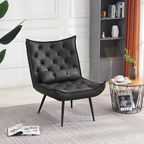 M MCombo Fauteuil de relaxation moderne pour salon, avec coussin de taille, style rétro, vintage, fauteuil de lecture, chaise de salon, fauteuil rembourré, en cuir synthétique, 4778-1 (gris foncé)