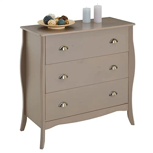IDIMEX Commode de Chambre Antoinette Style Baroque Rococo Inspiration Louis XV Design Moderne, Rangement avec 3 tiroirs, en pin Massif lasuré Taupe