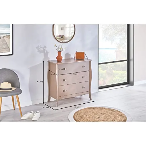IDIMEX Commode de Chambre Antoinette Style Baroque Rococo Inspiration Louis XV Design Moderne, Rangement avec 3 tiroirs, en pin Massif lasuré Taupe