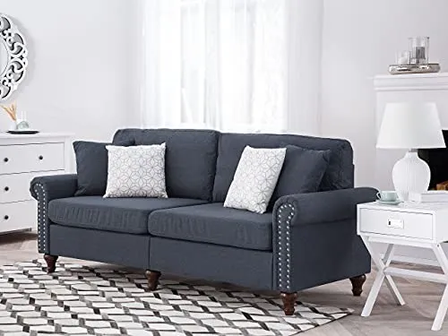 Canapé Fixe 3 Places Tapissé en Tissu Gris Foncé avec Clous Décoratifs pour Salon au Style Moderne Beliani