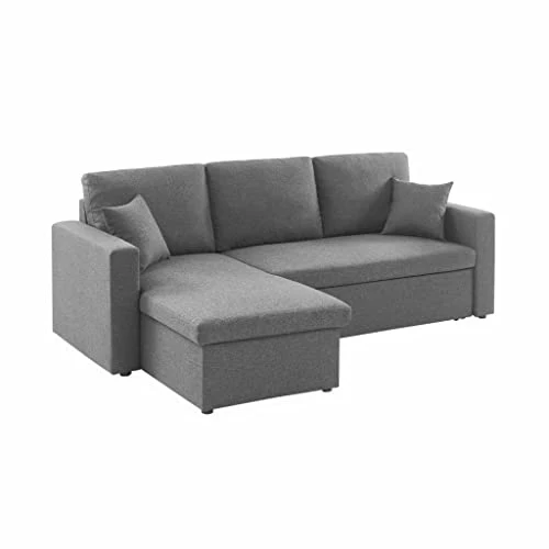 Alice's Home - Canapé d'angle Convertible en Tissu Gris chiné foncé - IDA - 3 Places. Fauteuil d'angle réversible Coffre Rangement lit modulable. 2 Coussins Inclus.