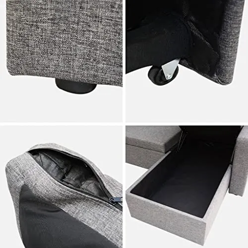 Alice's Home - Canapé d'angle Convertible en Tissu Gris chiné foncé - IDA - 3 Places. Fauteuil d'angle réversible Coffre Rangement lit modulable. 2 Coussins Inclus.