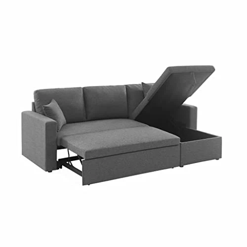 Alice's Home - Canapé d'angle Convertible en Tissu Gris chiné foncé - IDA - 3 Places. Fauteuil d'angle réversible Coffre Rangement lit modulable. 2 Coussins Inclus.