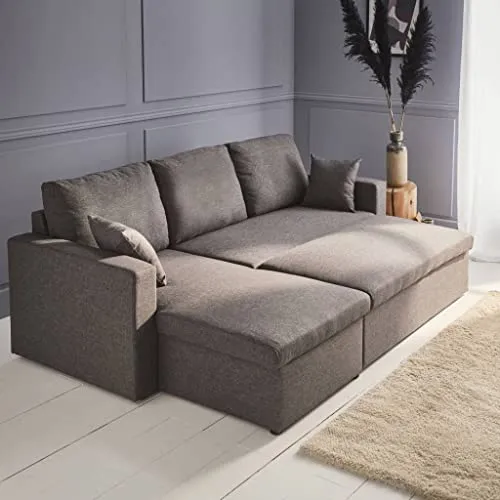 Alice's Home - Canapé d'angle Convertible en Tissu Gris chiné foncé - IDA - 3 Places. Fauteuil d'angle réversible Coffre Rangement lit modulable. 2 Coussins Inclus.