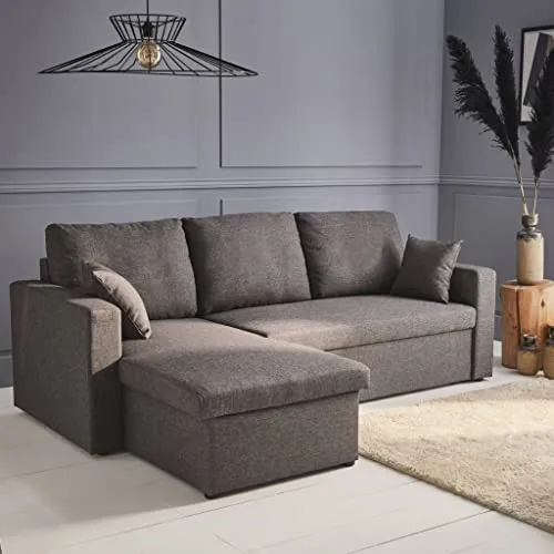 Alice's Home - Canapé d'angle Convertible en Tissu Gris chiné foncé - IDA - 3 Places. Fauteuil d'angle réversible Coffre Rangement lit modulable. 2 Coussins Inclus.