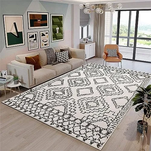 Leesentec Tapis Salon Grand Tapis Abstrait Moderne Tapis à Motif Géométrique Tapis Poil Courts Tapis Doux Chambre Tapis Noir Blanc Beige Ivoire (Ivoire/Noir, 200 * 250cm)
