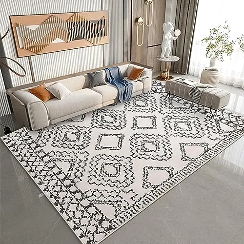 Leesentec Tapis Salon Grand Tapis Abstrait Moderne Tapis à Motif Géométrique Tapis Poil Courts Tapis Doux Chambre Tapis Noir Blanc Beige Ivoire (Ivoire/Noir, 200 * 250cm)