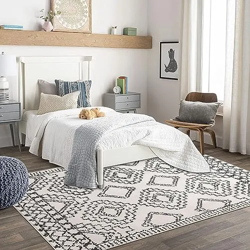 Leesentec Tapis Salon Grand Tapis Abstrait Moderne Tapis à Motif Géométrique Tapis Poil Courts Tapis Doux Chambre Tapis Noir Blanc Beige Ivoire (Ivoire/Noir, 200 * 250cm)