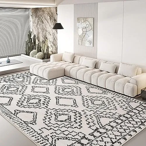 Leesentec Tapis Salon Grand Tapis Abstrait Moderne Tapis à Motif Géométrique Tapis Poil Courts Tapis Doux Chambre Tapis Noir Blanc Beige Ivoire (Ivoire/Noir, 200 * 250cm)