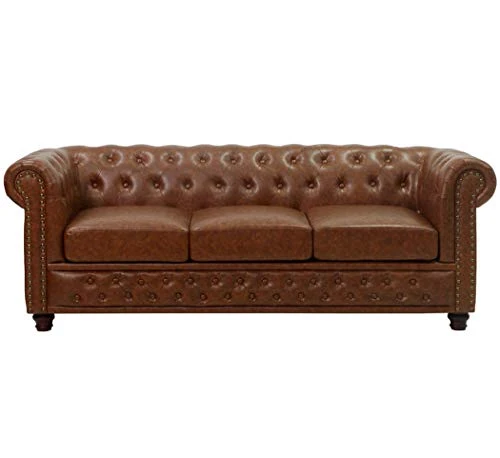 KMH Canapé confortable 3 places Chesterfield avec housse en cuir synthétique marron antique – Canapé rembourré confortable au design vintage