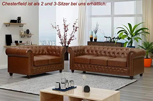 KMH Canapé confortable 3 places Chesterfield avec housse en cuir synthétique marron antique – Canapé rembourré confortable au design vintage