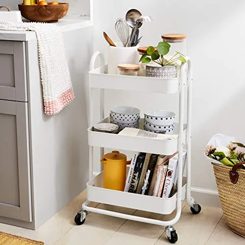 Amazon Basics Chariot de rangement à 3 niveaux pour la cuisine ou la buanderie avec roulettes - Blanc