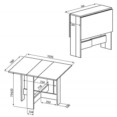 Papillon, Table Pliante avec 2 Abattants, en Panneaux de Particules Melaminés, Blanc 103/67/28x76x73,4 (LxPxA)