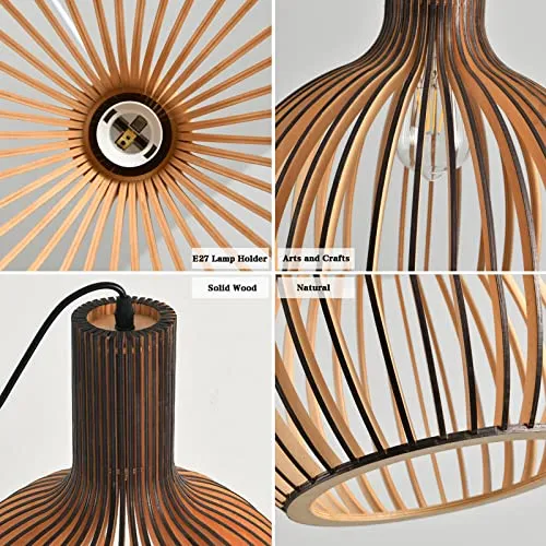 JZCDR Boho Style Bois Suspension, E27 Hauteur Adjustable Naturel Main Lustre Rétro, Rustique Lampe Pendentif pour Salle à Manger, Salon, Chambre à Coucher, Café, Comptoir de Bar (Noir,35×45CM)