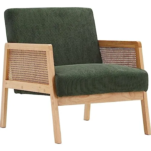 HOMIFAB Fauteuil en cannage et Velours côtelé Vert - Mani