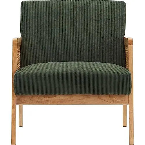HOMIFAB Fauteuil en cannage et Velours côtelé Vert - Mani