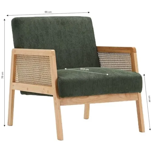 HOMIFAB Fauteuil en cannage et Velours côtelé Vert - Mani