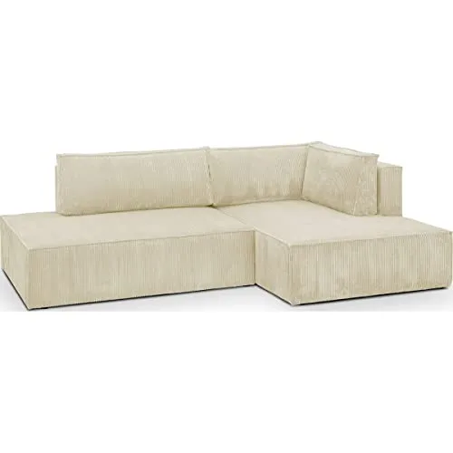 HOMIFAB Canapé d'angle à Droite Convertible 3 Places avec Coffre en Velours côtelé Beige - Barani