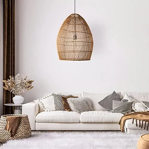 Paco Home Suspension Salon Boho Lampes En Osier Rotin Salle À Manger Lampe Papier E27, Type de lampe:Lampe à suspension - Type 2, Couleur:Beige (Ø52 cm)