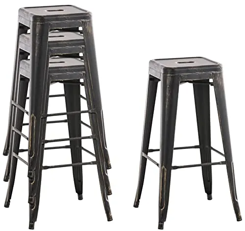 CLP Lot De 4 Tabourets De Bar Joshua I Tabouret De Bar Industriel Empilable Et Robuste I Repose-Pieds Structure A 4 Pieds I Hauteur Siège 77 cm, Couleur:Noir/Or