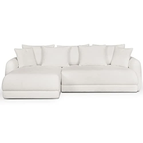 HOMIFAB Canapé d'angle Gauche 5 Places Convertible avec Coffre de Rangement en Tissu bouclettes écru - Giulia