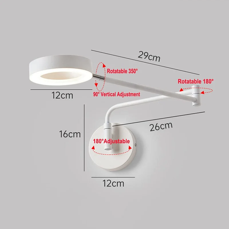 Applique Murale LED moderne 2 bras longs réglables rotatifs Lampe de Murale de chambre à coucher Bras oscillant en métal rétractable Lampe de chevet Lampe de lecture murale Wall lamp blanche