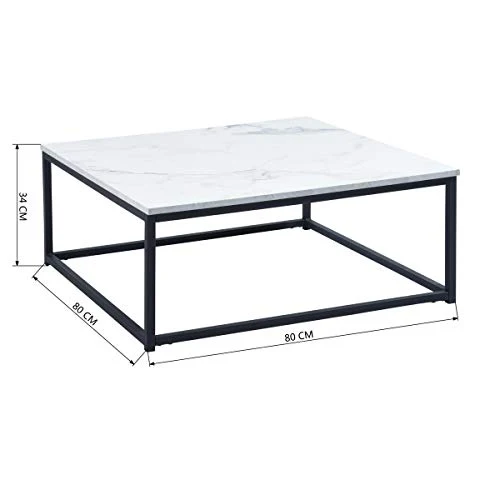 MEUBLE COSY Design Moderne Table Basse de Salon Carré Effet Marbré Structure en métal, Style Industriel, Blanc et Noir, 80x80x34cm