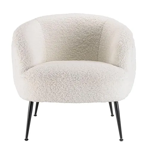 MACABANE ALBANE - Fauteuil Cosy Tissu Bouclette Blanc Pieds métal Noir