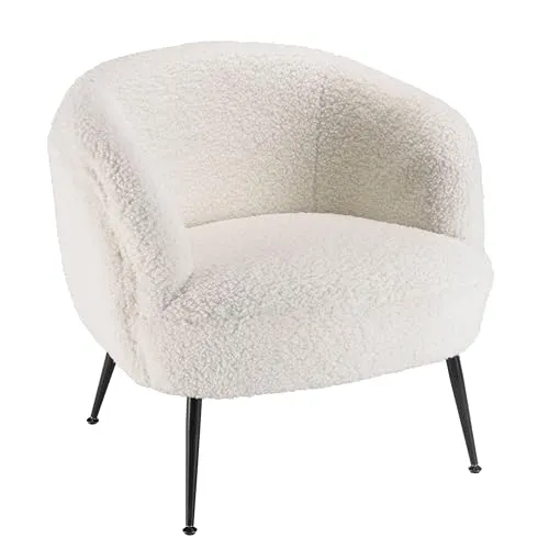 MACABANE ALBANE - Fauteuil Cosy Tissu Bouclette Blanc Pieds métal Noir