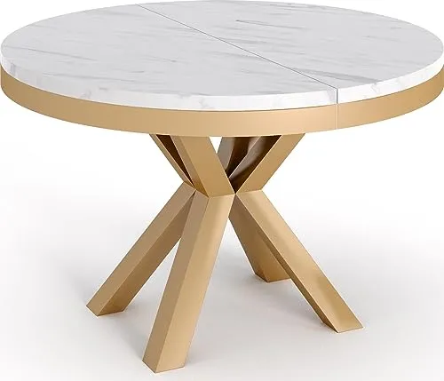 WFL GROUP Table à Manger Ronde Extensible - Table Style Loft avec Pieds en Métal - Table Blanche Marbre Style Industriel pour Le Salon Séjour - Gain de Place - Doré - Marbre Blanc - 120 cm