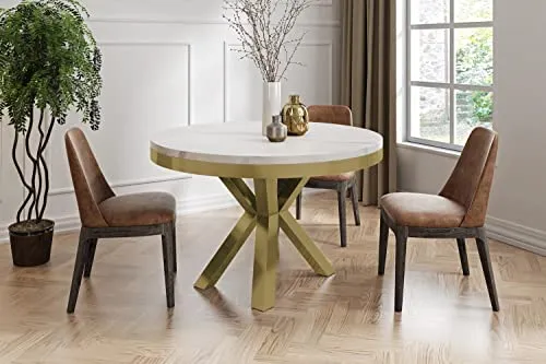 WFL GROUP Table à Manger Ronde Extensible - Table Style Loft avec Pieds en Métal - Table Blanche Marbre Style Industriel pour Le Salon Séjour - Gain de Place - Doré - Marbre Blanc - 120 cm