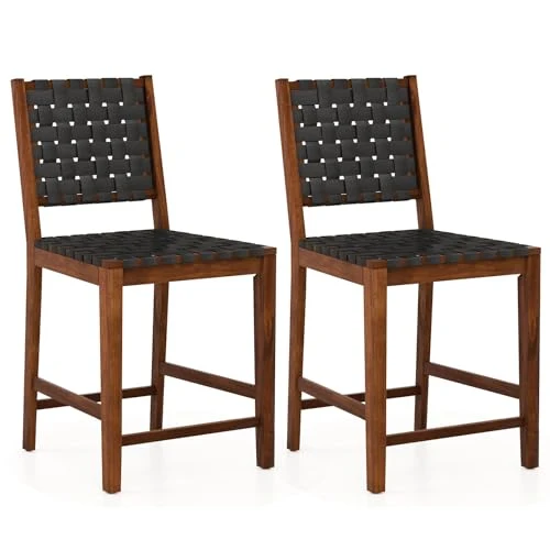 RELAX4LIFE Lot de 2 Tabouret de Bar en Bois Massif, Chaise de Salle à Manger avec Tissage en Cuir PU, Chaise Haute Cuisine avec Repose-Pieds, Assise 61 CM, Charge 150 KG pour Salon Bar