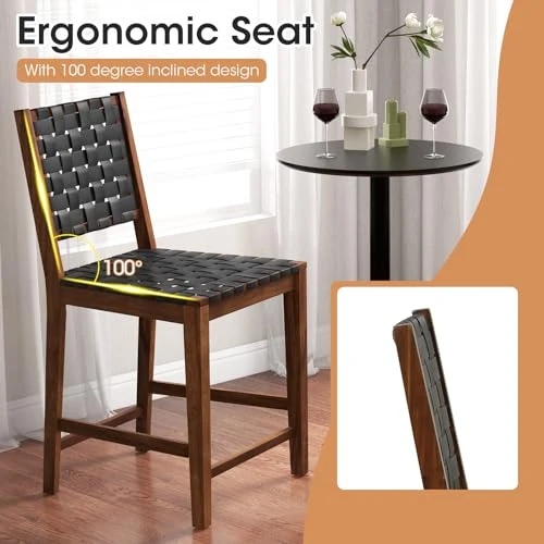RELAX4LIFE Lot de 2 Tabouret de Bar en Bois Massif, Chaise de Salle à Manger avec Tissage en Cuir PU, Chaise Haute Cuisine avec Repose-Pieds, Assise 61 CM, Charge 150 KG pour Salon Bar
