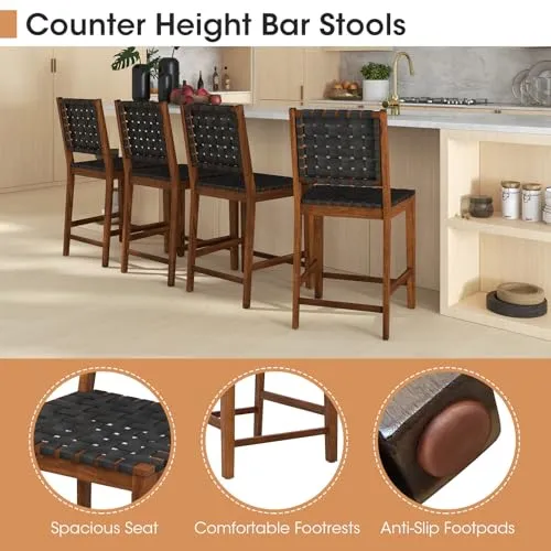 RELAX4LIFE Lot de 2 Tabouret de Bar en Bois Massif, Chaise de Salle à Manger avec Tissage en Cuir PU, Chaise Haute Cuisine avec Repose-Pieds, Assise 61 CM, Charge 150 KG pour Salon Bar