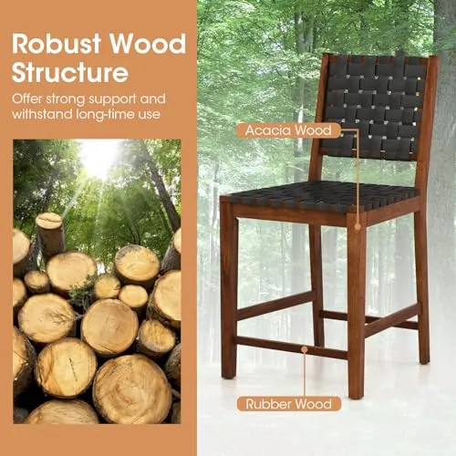 RELAX4LIFE Lot de 2 Tabouret de Bar en Bois Massif, Chaise de Salle à Manger avec Tissage en Cuir PU, Chaise Haute Cuisine avec Repose-Pieds, Assise 61 CM, Charge 150 KG pour Salon Bar