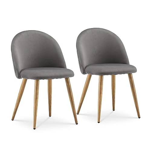 TUKAILAI Lot de 2 Fauteuil Chaise de Salle à Manger Velours Gris Chaise de Bureau Ergonomique Pieds Métal avec Finition en Bois Gris