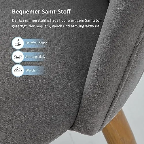 TUKAILAI Lot de 2 Fauteuil Chaise de Salle à Manger Velours Gris Chaise de Bureau Ergonomique Pieds Métal avec Finition en Bois Gris