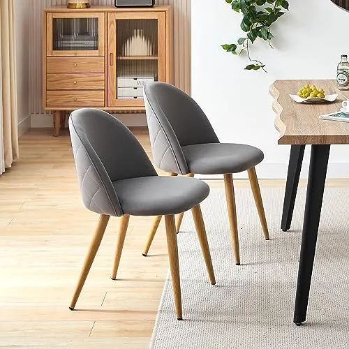 TUKAILAI Lot de 2 Fauteuil Chaise de Salle à Manger Velours Gris Chaise de Bureau Ergonomique Pieds Métal avec Finition en Bois Gris
