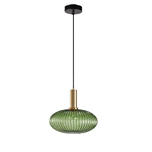 HJXDtech - Suspension Luminaire Industrielle Vintage en Verre Nervuré,Plafonnier avec fini en laiton poli Lustre,Suspension Lampe de Salle à Manger Cuisine Salon Chambre (Vert, 30CM)